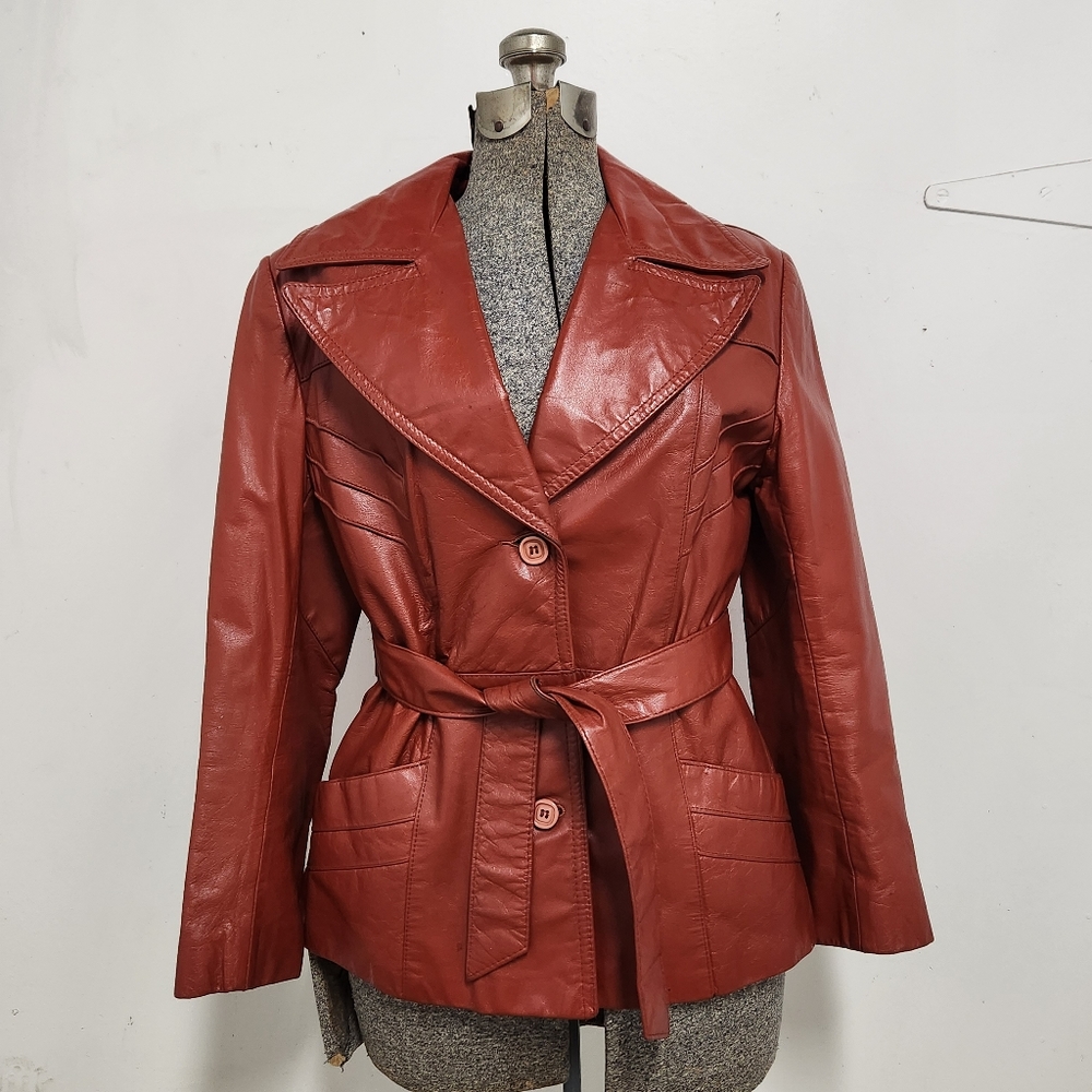 Vintage 70's Burnt Orange Leather Belted Jacket - image 3